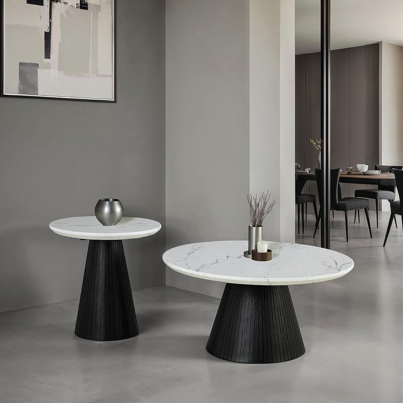 Table basse ronde de style contemporain avec plateau en faux marbre et base cylindrique