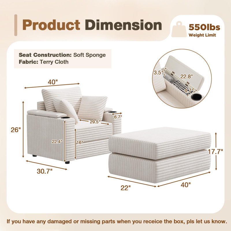 Fauteuil-lit d'intérieur surdimensionné avec repose-pieds, Lin beige