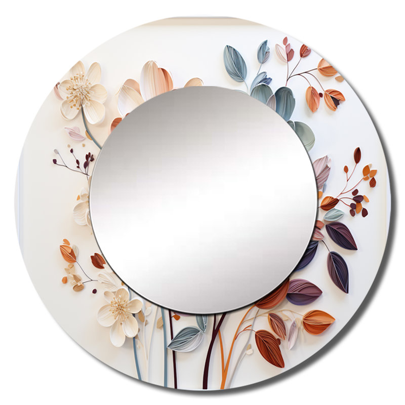 Lockbourne White Botanical Collage - Botanicals Mirror, Modern Round Unique Wall Mirror, Printed Metal Art, 29" x 29"