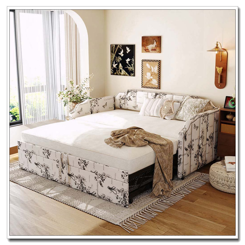 Twin Size Upholstered Daybed with Pop-Up Trundle & USB Charging Ports, White Tossed Botanical