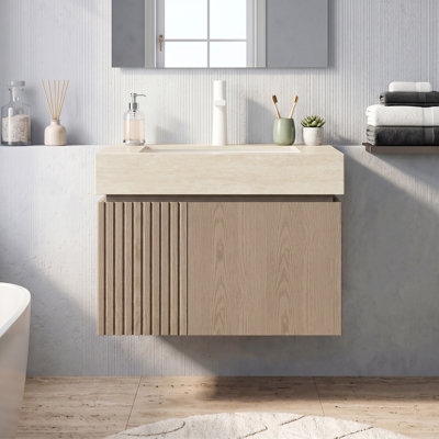 Meuble-lavabo mural 24 po avec lavabo en céramique blanc encastré, armoire de rangement murale en contreplaqué avec portes en brun clair, plateau en pierre frittée Roma Travertine avec 1 trou de robinet pré-percé, pré-assemblé