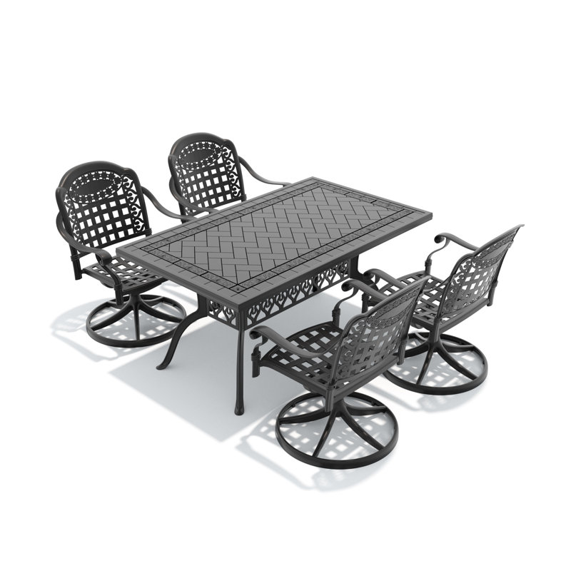 Ensemble de salle à manger d'extérieur en fonte 5 pièces 5 pièces avec 4 chaises pivotantes et coussins, noir