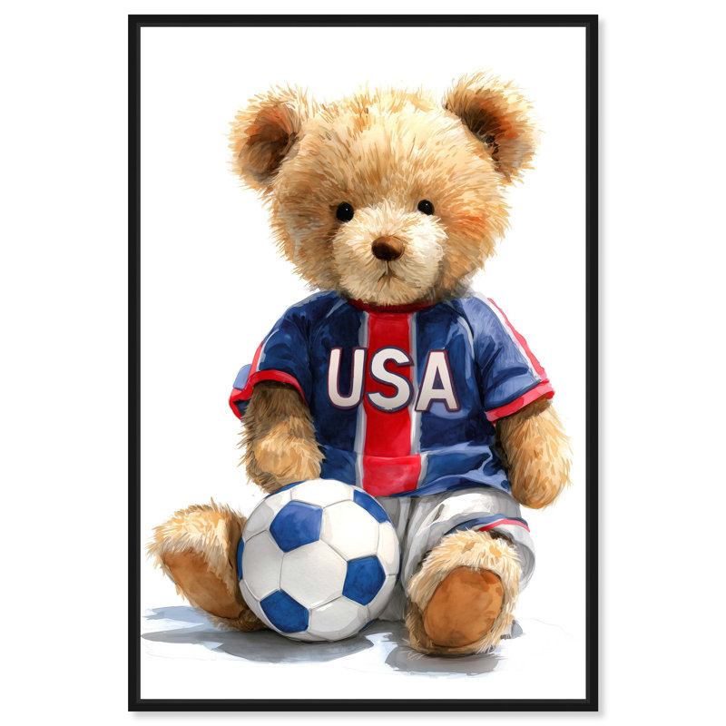 «Soccer Red Blue Teddy», reproduction sur toile encadrée par Art Remedy, cadre noir, 10 x 15, H 16 po x l 11 po, Cadre noir