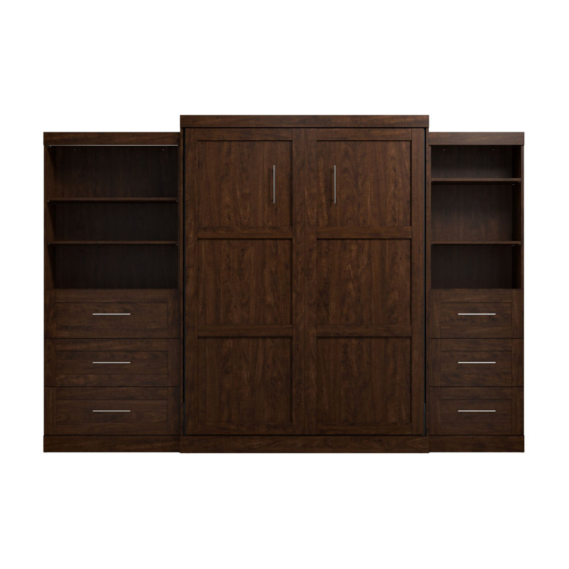 Arlex Murphy Bed with Shelving Units with Drawers, Chocolate, Queen