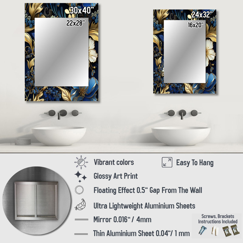 Motif victorien cobalt bleu nouveau vignes - grand miroir floral, décor de miroir mural traditionnel traditionnel