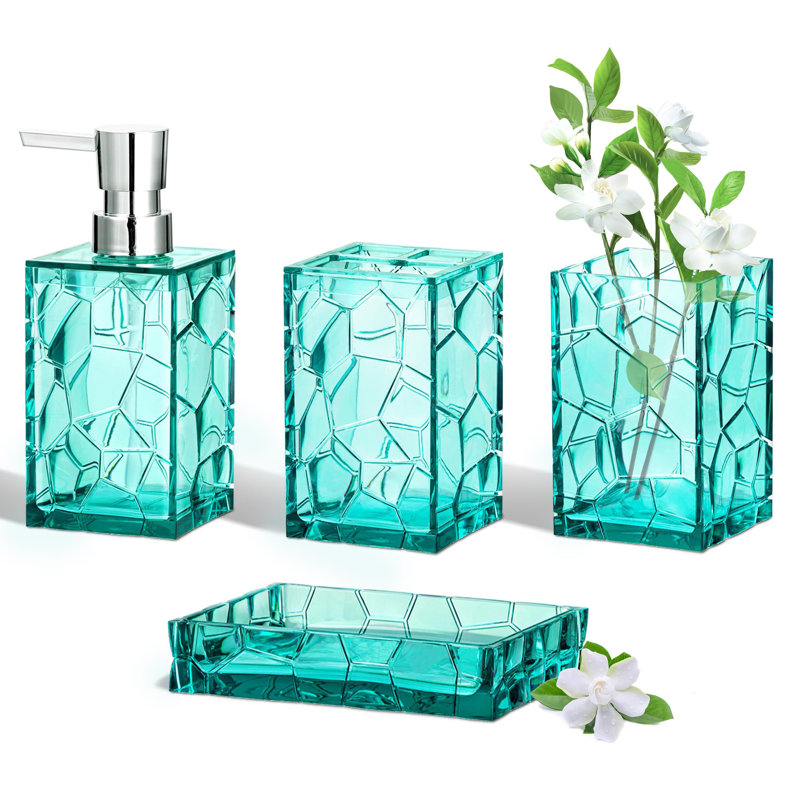 Ensemble d'accessoires de salle de bain, ensemble de comptoir de salle de bain en acrylique bleu sarcelle avec porte-brosse à dents, distributeur de savon, gobelet, porte-savon, décoration de salle de bain moderne turquoise Boho, choix de cadeau idéal