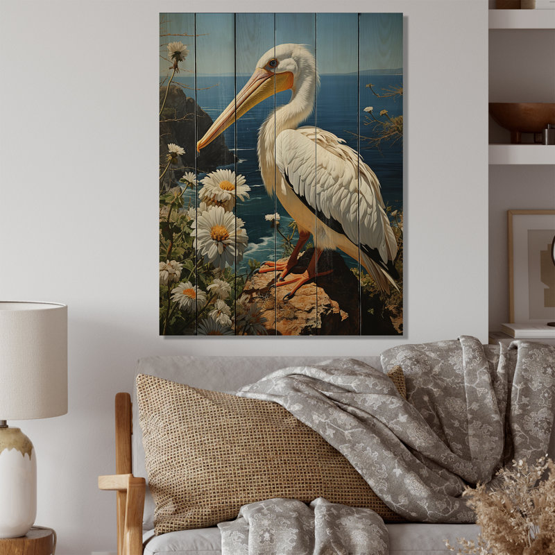 Pélican gris, montre côtière pastorale sur bois, H 40 po x l 30 po x P 0,78 po