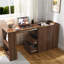 Bureau d'ordinateur en L avec tiroirs, poste de travail d'angle compact pliable, panneau de fibres à densité moyenne brun riche, idéal pour les petits bureaux à domicile