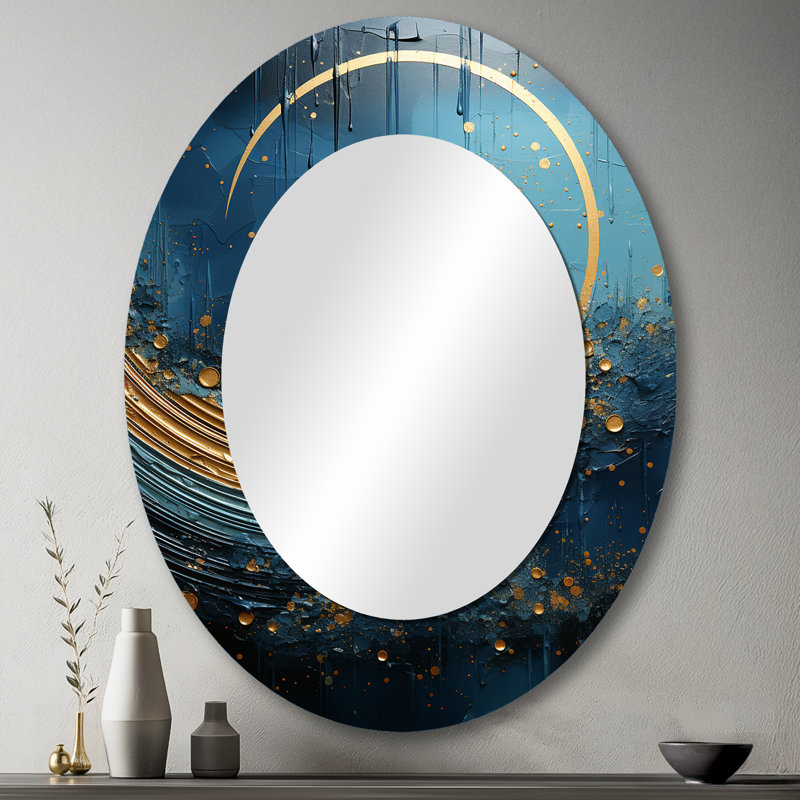 Lune bleue et dorée Cerulean Cycle Dreams - Grand miroir mural ovale sur métal, 43 po x 33 po