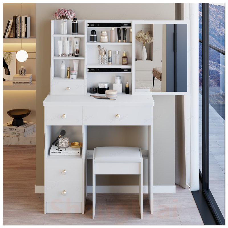 Table de coiffeuse compacte à tiroir gauche avec tabouret rembourré, très grand miroir coulissant, rangement multicouche, certifié EPA, GCC, UL