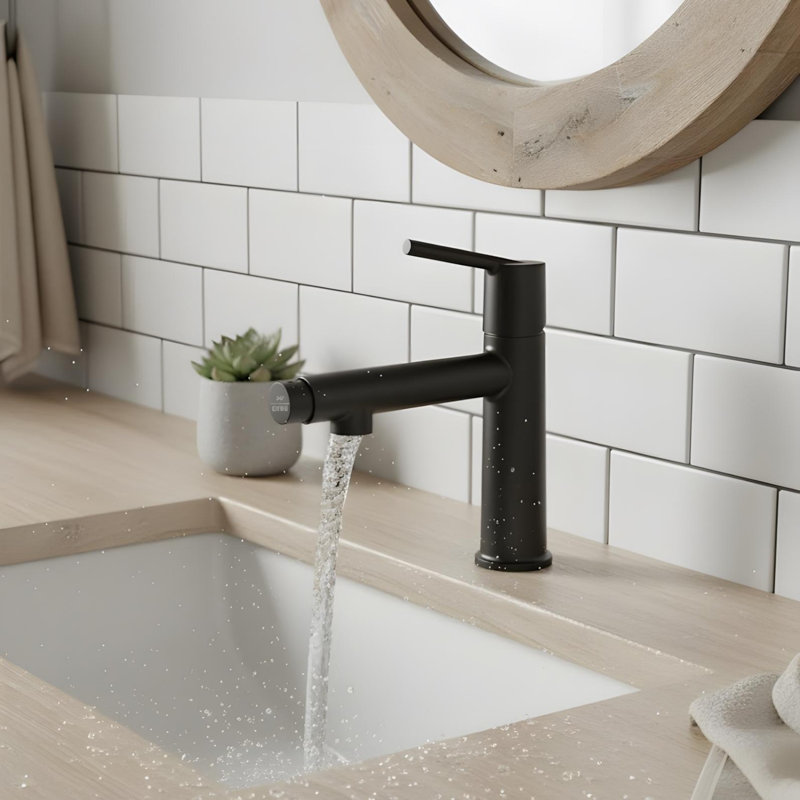 Robinet pour salle de bain à poignée simple deux-en-un Fountain and Flow, Noir mat