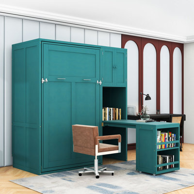 Lit simple escamotable rotatif en bois avec bureau extensible, armoire et tablettes de rangement