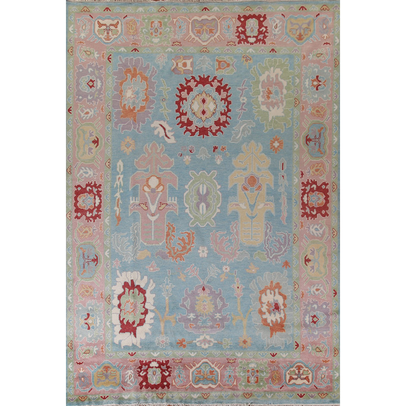 Tapis de salon bleu clair à motif floral Oushak 8 x 10