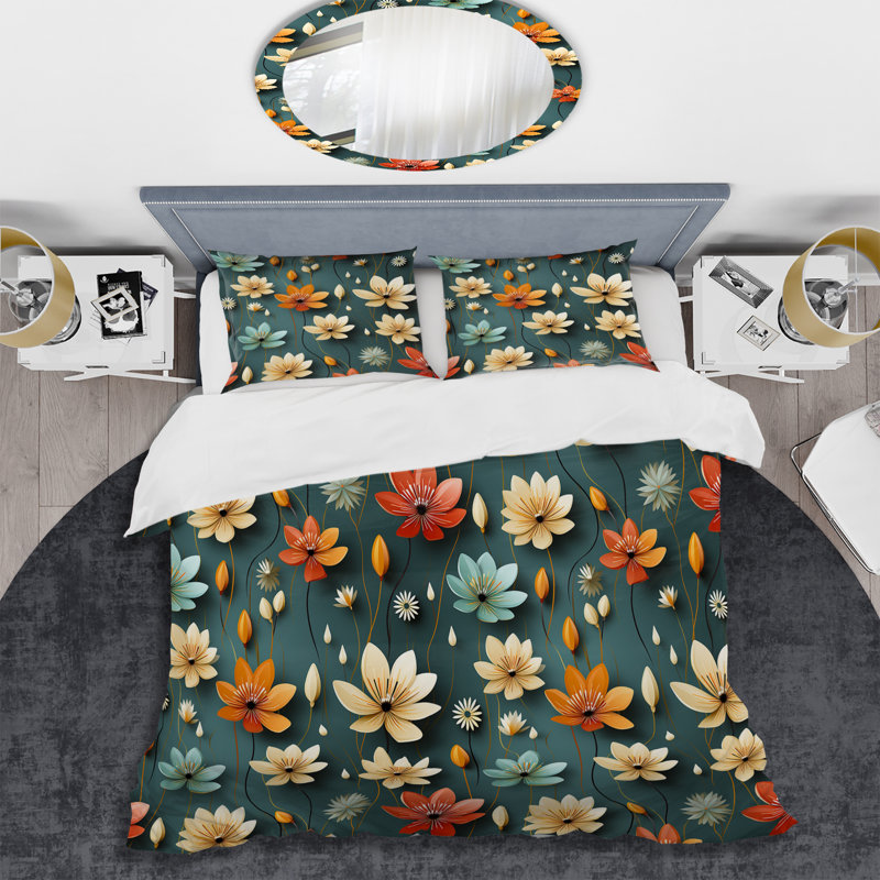Ensemble de housse de couette Mod Floral Nostalgia II - Mid-Century, Housse de couette simple + 1 taie décorative stan