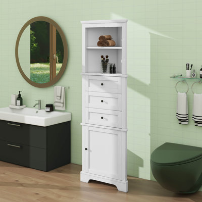 Tall Triangular Corner Cabinet With Triple Drawers And Customizable Shelves For Bathroom Kitchen