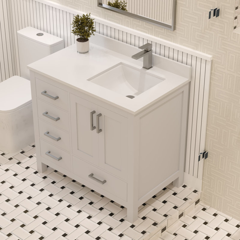 Rooh 36'' Single Bathroom Vanity with White Quartz Top, White