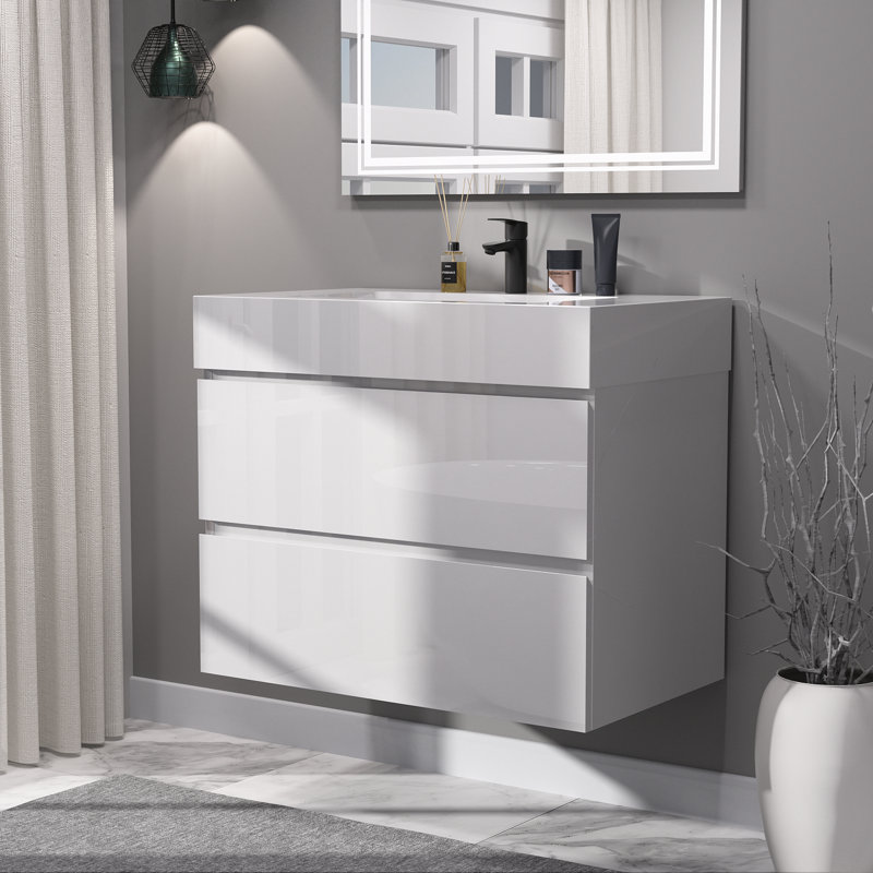 36 " W Freestanding Standard Free Standing 1 Single Vanity Bathroom Vanity With Solid Surface Top, White Glossy, White Glossy