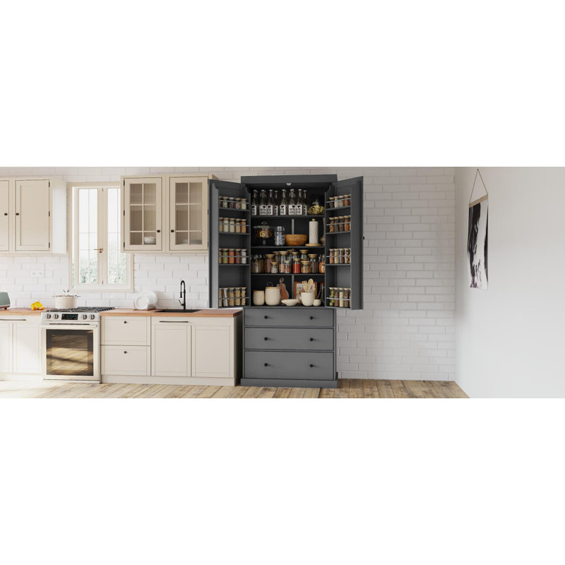 77" Freestanding Tall Cupboard Storage Cabinet with 3 Adjustable Shelves, Gray