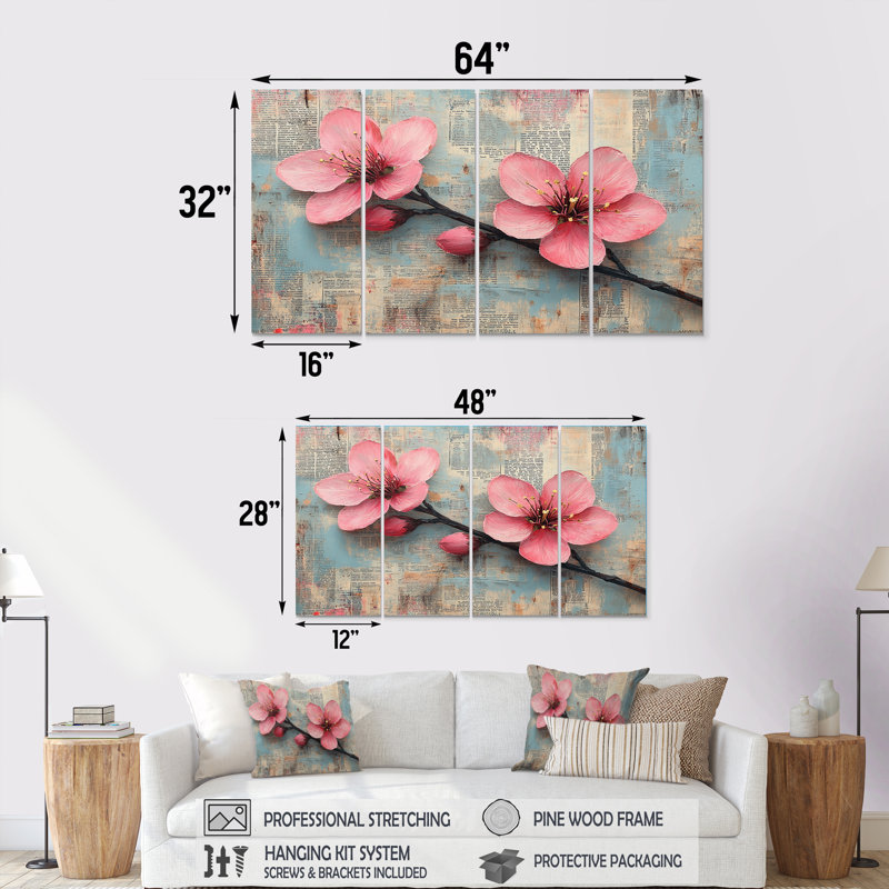 Fleurs de cerisier dans des tons roses et dorés - Ensemble de décoration murale cerisier en fleurs, H 28 po x l 48 po