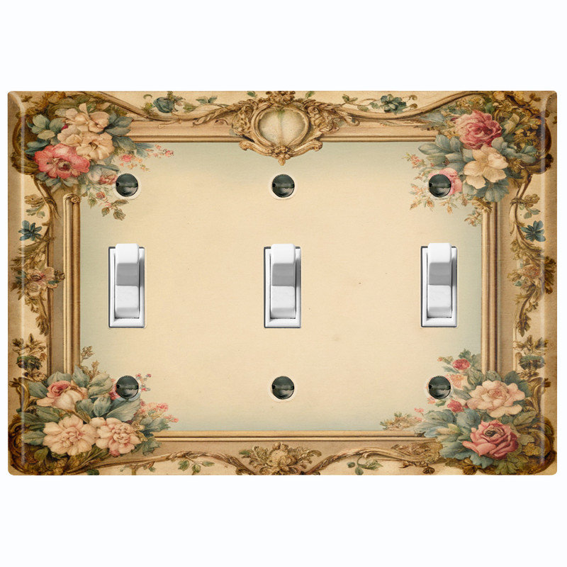 Couvercle de plaque d'interrupteur en métal; Bascule 3 bandes US standard - cadre floral rétro, Triple # 3