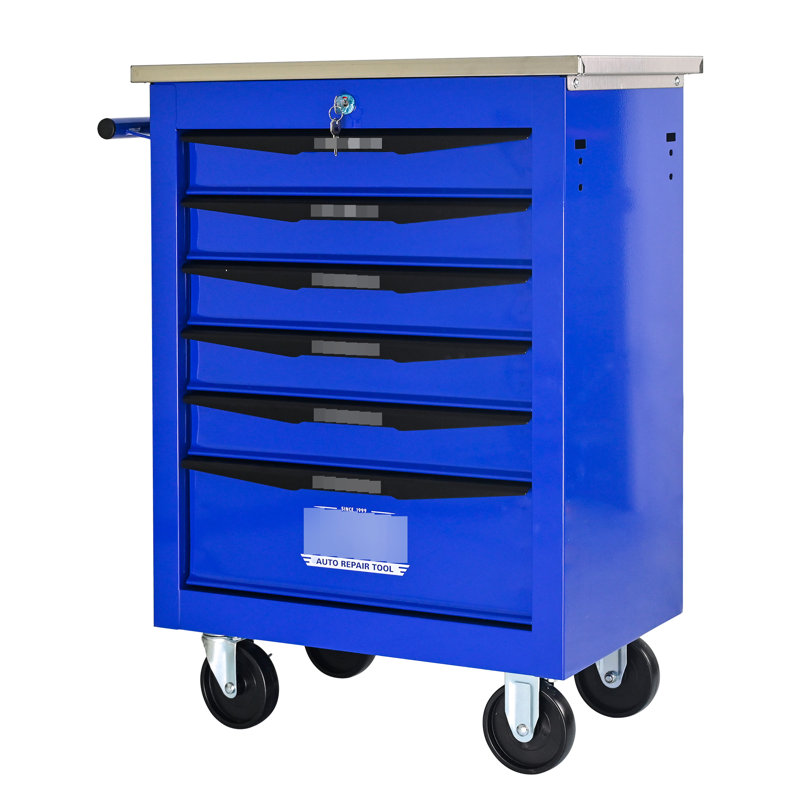 Chariot à outils 6 tiroirs pour le garage, chariot roulant en métal avec roues, noir et bleu, verrouillage par clé, chariot multifonctionnel à roulement, tiroirs verrouillables avec rangement bleu, surface en acier lisse