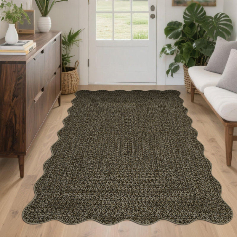 Farmhouse Scalloped Rug Washable Rug with Non Slip TRP Backing, Low Pile Non Shedding Rustic Carpet, Soft Thin Foldable Printed Mat for Living Room Bedroom