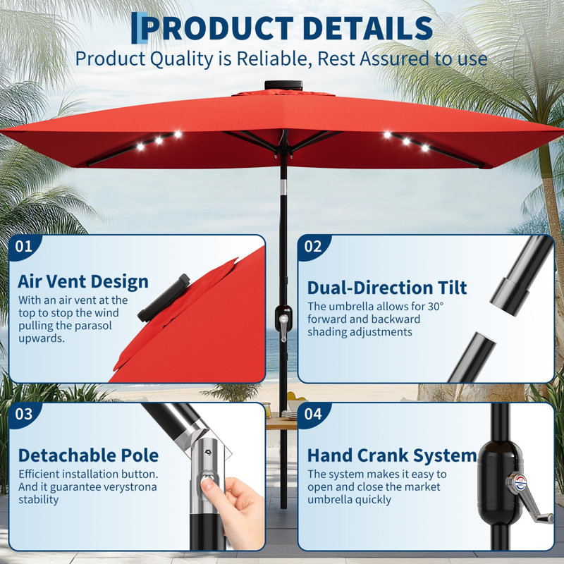 10 x 6.5 ft Solar Rectangular Patio Umbrella, with LED Lights, Red