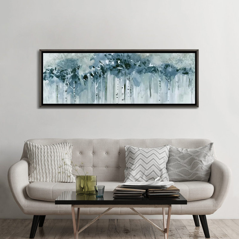 «Blue Birch Morning» par Susan Jill - impression d'art graphique, Toile encadrée, H 24 po x l 72 po, Gris