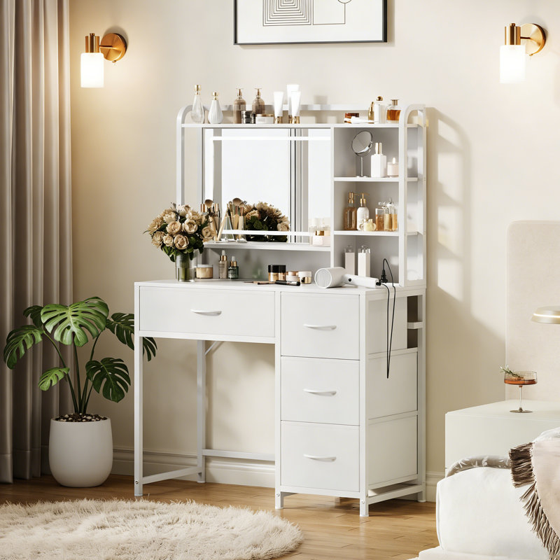 35.4" Vanity Desk with Mirror & LED Lights, Makeup Table with 4 Fabric Drawers for Bedroom Storage, White
