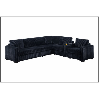 Ensemble de canapé modulaire en L de style moderne 4 pièces réversible avec ports USB et porte-gobelet Chaise sans accoudoirs Pieds en plastique Revêtement en velours côtelé finition noire
