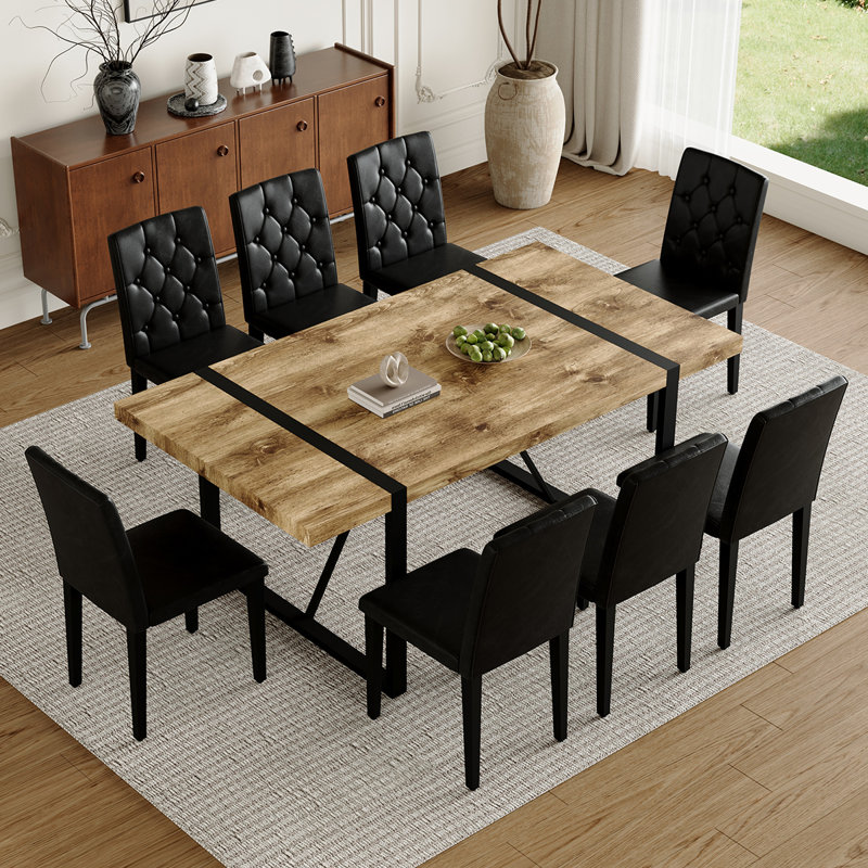 Modern Rectangular Dining Table Set For 8| 71″ Wood & Metal Table With Chairs, Black, Dark Wood, 9 Pieces: Table, 8 Chairs