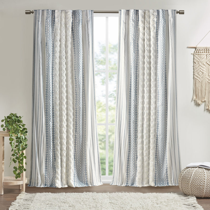 Imani 100% Cotton Printed Boho Single Curtain Panel with Tufted Chenille Stripe and Lining, 50" W x 95" L, White/Navy
