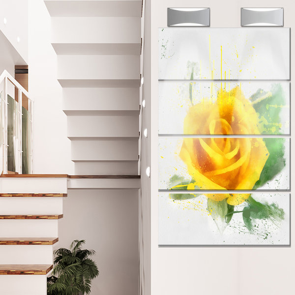 DesignArt Yellow Rose With Green Leaves Sketch On Canvas 4 Pieces Print ...