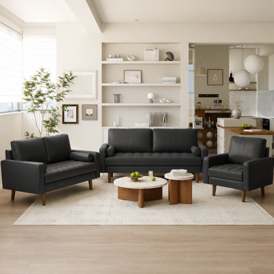 Statura 3-Piece Mid-Century Faux Leather Square Arm Sofa Living Room Set