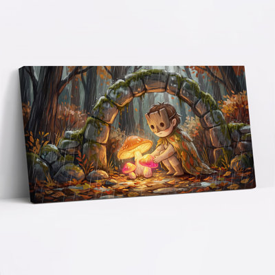 Dryade en bois avec champignons lumineux sous une pierre - Toile murale d'Halloween