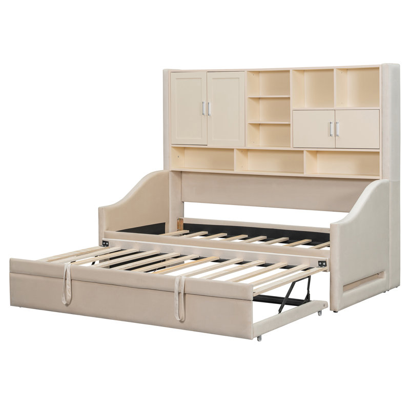 Twin Size Upholstered Daybed In Beige, Built - Armrest Led Lighting, Shelves And Cabinets, Pull Out Trundle, Soft Fabric For A Warm Cozy Bed Beige With Frame, Illumination, Storage Decor, Lift Up