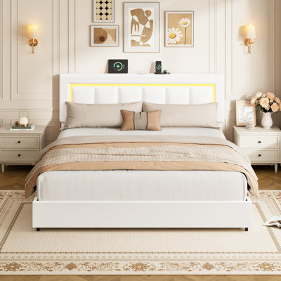 Structure de lit très grand avec 4 tiroirs de rangement, lumières DEL et station de charge, base de lit en cuir de polyuréthane avec tête de lit tapissier réglable, sans bruit, aucun sommier requis, assemblage facile, blanc