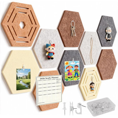 Carreaux de babillard en feutre hexagonal - Ensemble de décoration murale autocollant pour bureau à domicile, tableaux de vision et affichage de photos (style bohème)