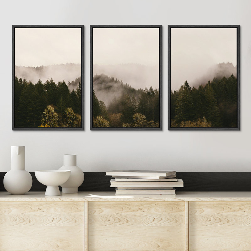 «Misty Forest Landscape Brown Mountain Nature Decor», reproduction de photo sur toile 3 pièces, H 24 po x l 16 po, Noir
