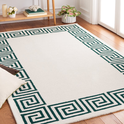 Diljana Hand Tufted Wool/Cotton Greek Key Border Rug in Ivory/Green