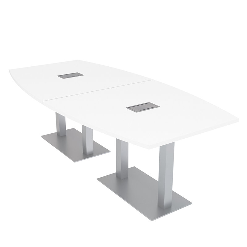 Table de conférence en forme de bateau avec base en métal double | Unité électrique, Argent argent, L 96 po x l 48 po