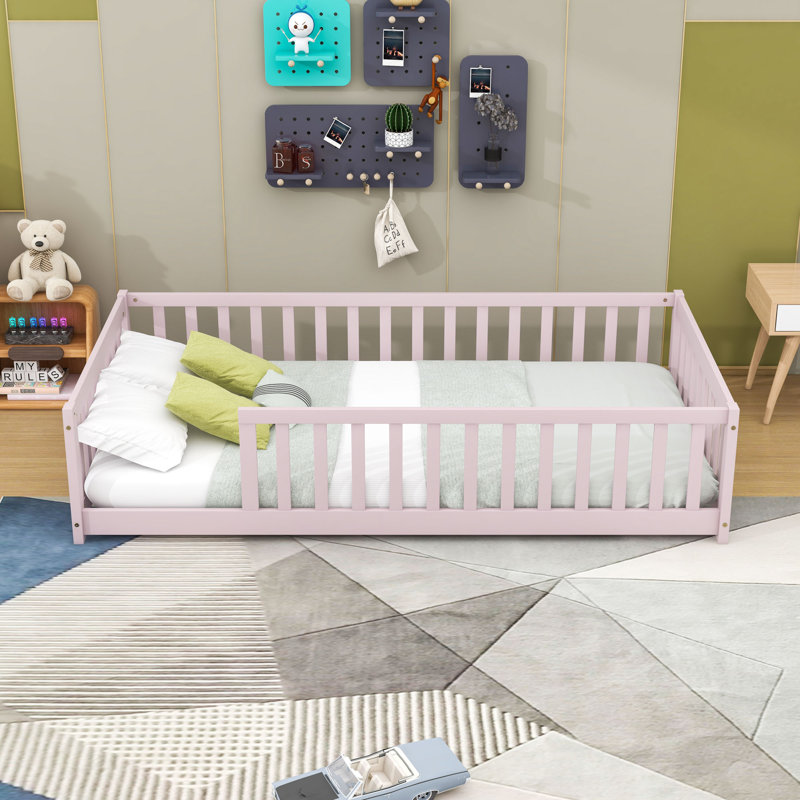 Twin Size Floor Bed With Fence, Pink