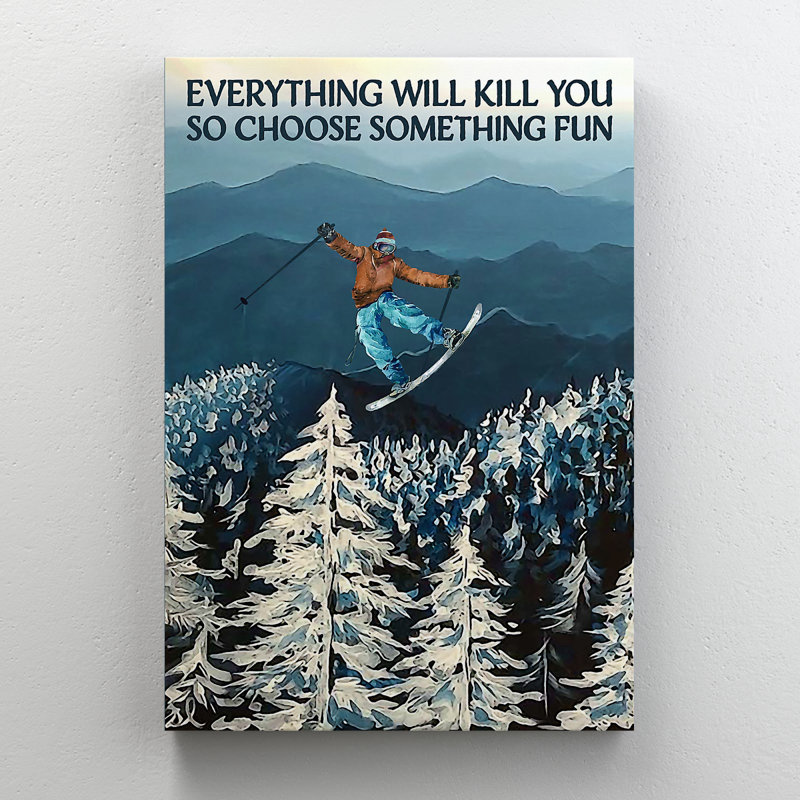 «Man Skiing Over The Winter Forest» - Tout ce qui vous tue, donc choisissez quelque chose d'amusant - 1 pièce, impression d'art graphique rectangulaire sur toile tendue