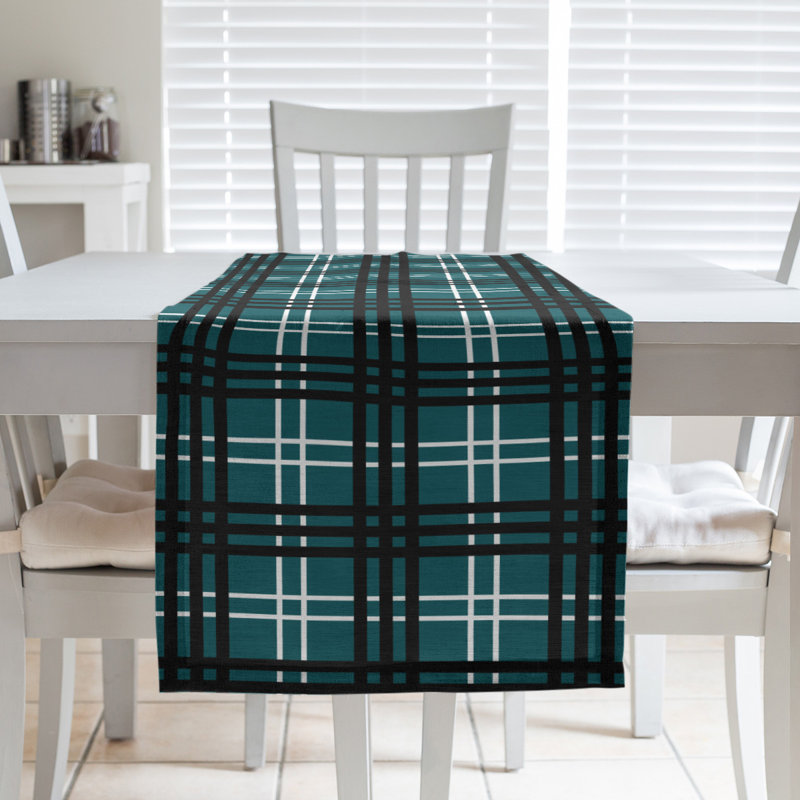Paid Polyester Table Runner, 90" L x 16" W, Midnight Green/White/Black