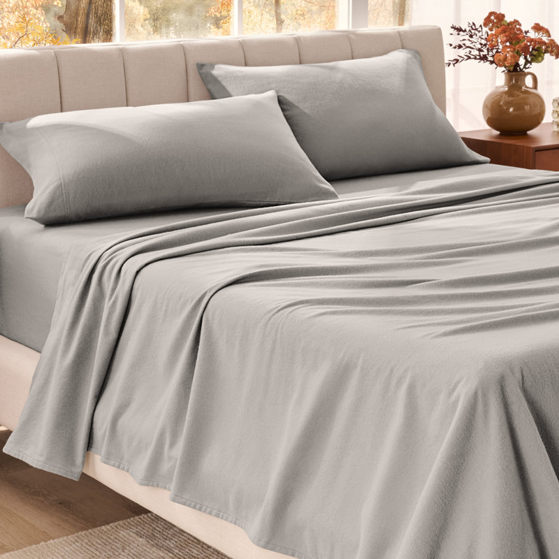 Organic 100% Cotton Flannel Sheet Set, Light Gray, Queen Sheet Set with 2 Pillowcases