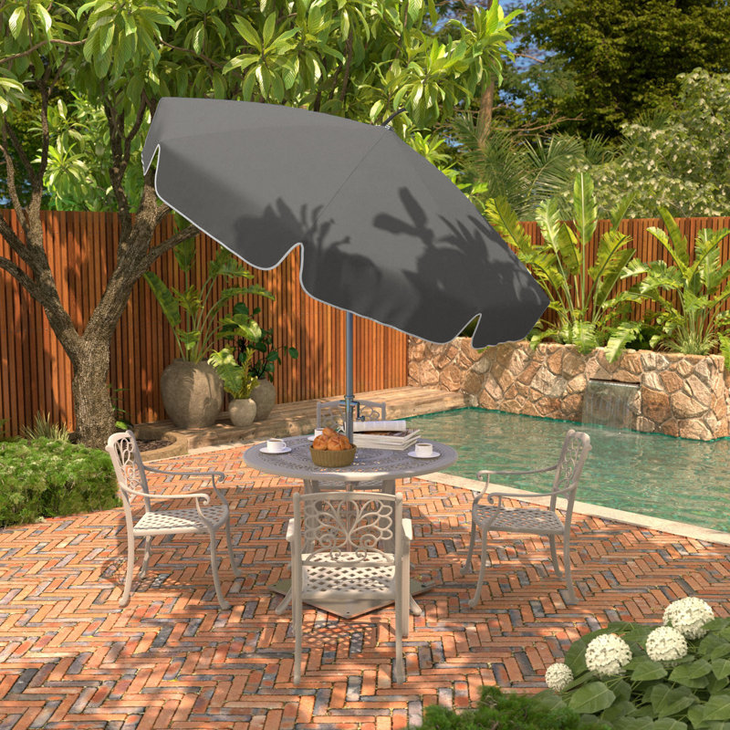 Parasol de patio 7,5 pi argenté avec nervures en fibre de verre et bouton-poussoir inclinable en Sunbrella naturel