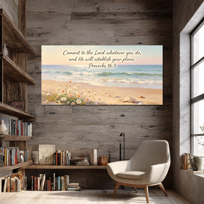 Christian Wall Art - Serene Coastal Bible Verse Canvas Painting Picture ArtwWall Decork Print Art Wall Decor Living Room, Bedroom, Office Wall Decor, Wrapped Canvas with Pine Frame, 12×24 Inches