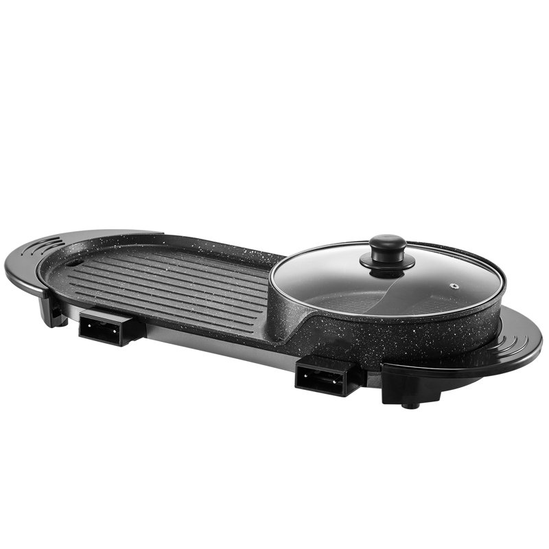 Fondue 2200W avec barbecue, fonctionnement sans fumée, idéal pour les rassemblements de 1 à 6, contrôle de la chaleur à deux boutons, antiadhésif et facile d'entretien, fonte d'aluminium noir 2 po