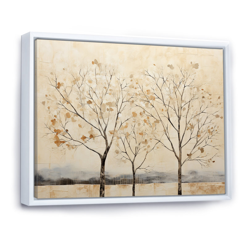 Harmonisation d'arbres beige V sur toile, Cadre flottant blanc, H 30 po x l 40 po x P 1,5 po