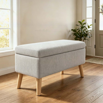 Banc de rangement en velours côtelé beige 32 pouces de large avec pieds en bois, rangement rabattable, repose-pieds rembourré et banc pour chaussures
